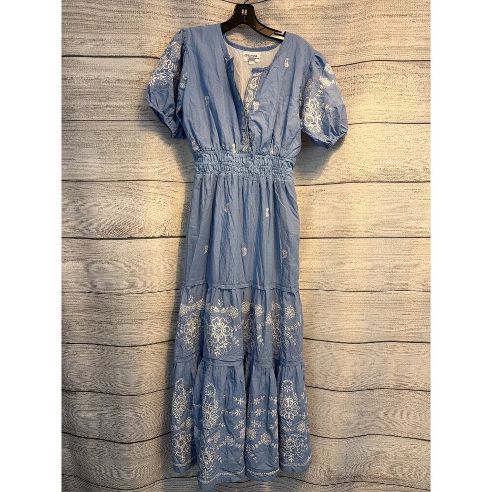 Ananya by Rose Embroidered Maxi Dress With Puff Sleeves Size S